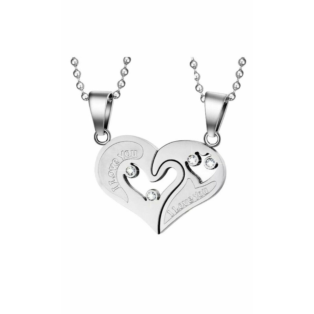 His Her Boyfriend Girlfriend Husband Wife Couples SILVER Heart Necklaces Set